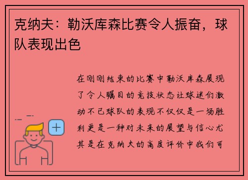 克纳夫：勒沃库森比赛令人振奋，球队表现出色